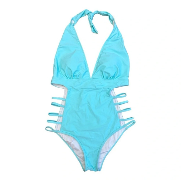 Tempt Me Plunge V Neck Halter Swimsuit Cut Out Sides Open Back Aqua - Picture 5 of 10